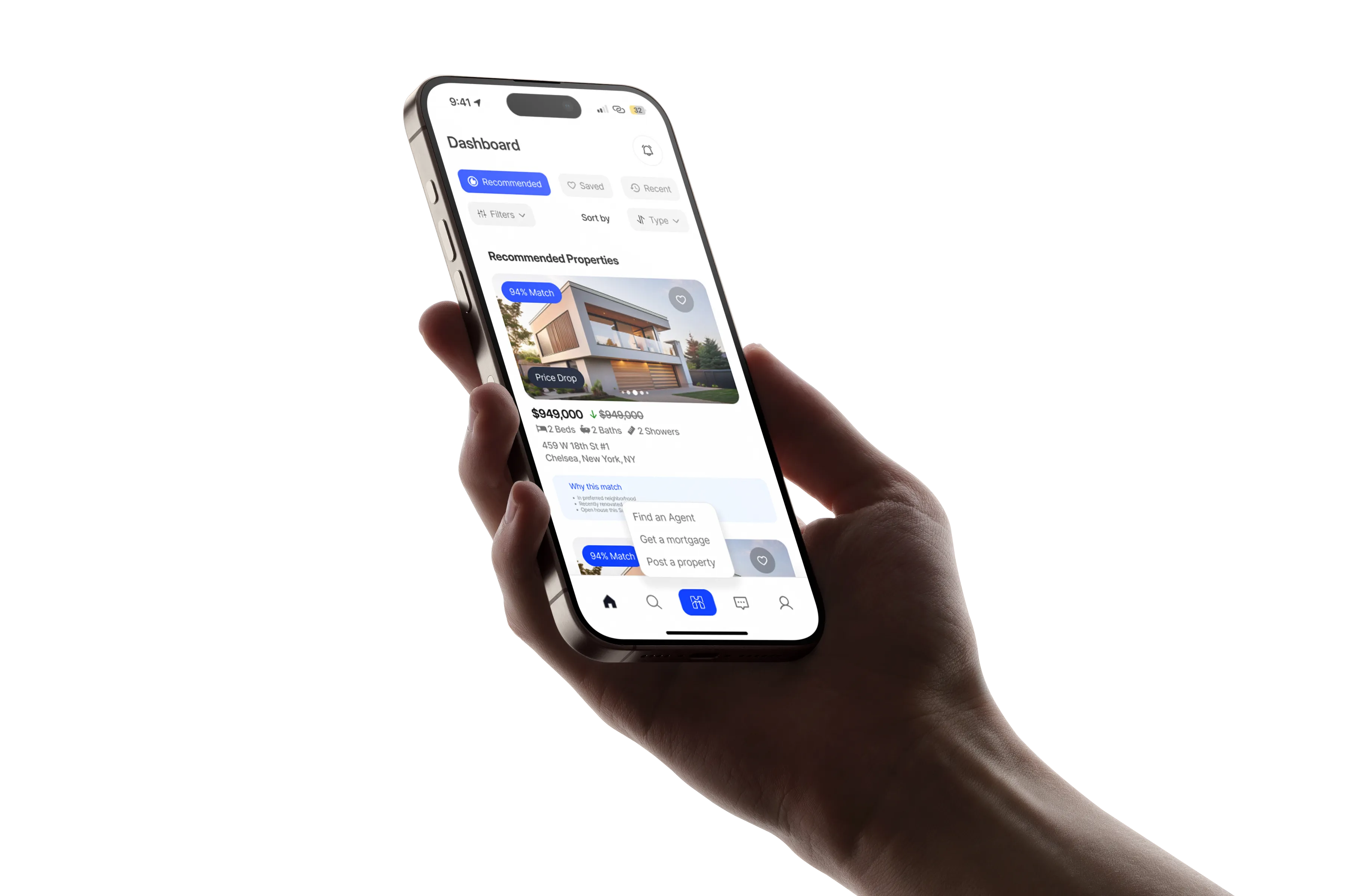 Homello mobile app showing swipeable home listings